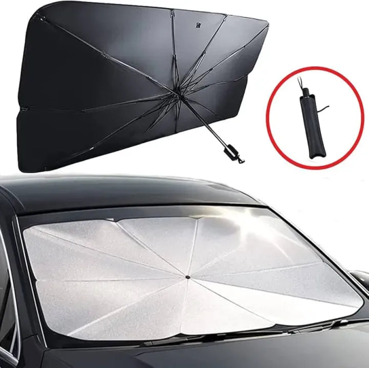 UV-reflecting car sun shade folded into its carry pouch