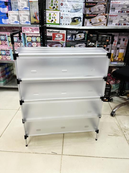 Shoe rack shelves holding men's and women's shoes, dustproof cover open