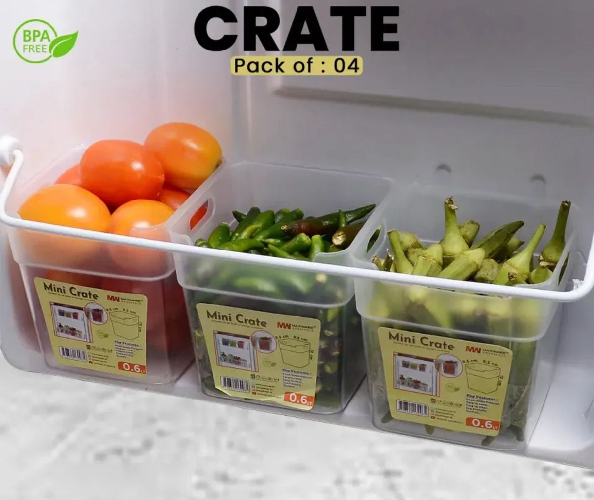 Mini crate bins with side handles on a kitchen shelf