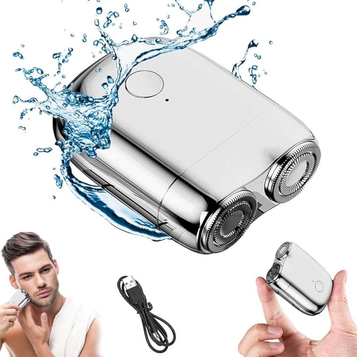 IPX7 waterproof mini rotary pocket shaver shown under water splash, compact capsule size fits in hand