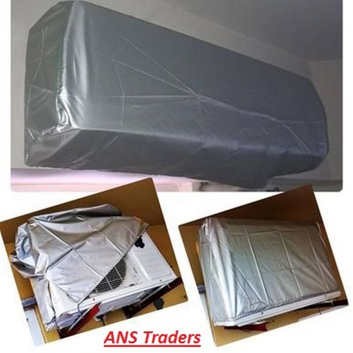 Close-up collage of the silver AC dust cover fitted on an indoor split unit and on outdoor compressor units