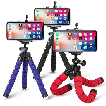 Mini octopus tabletop tripod with flexible legs and phone holder, product on white background