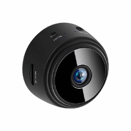 A9 mini security camera, small black round body with central lens