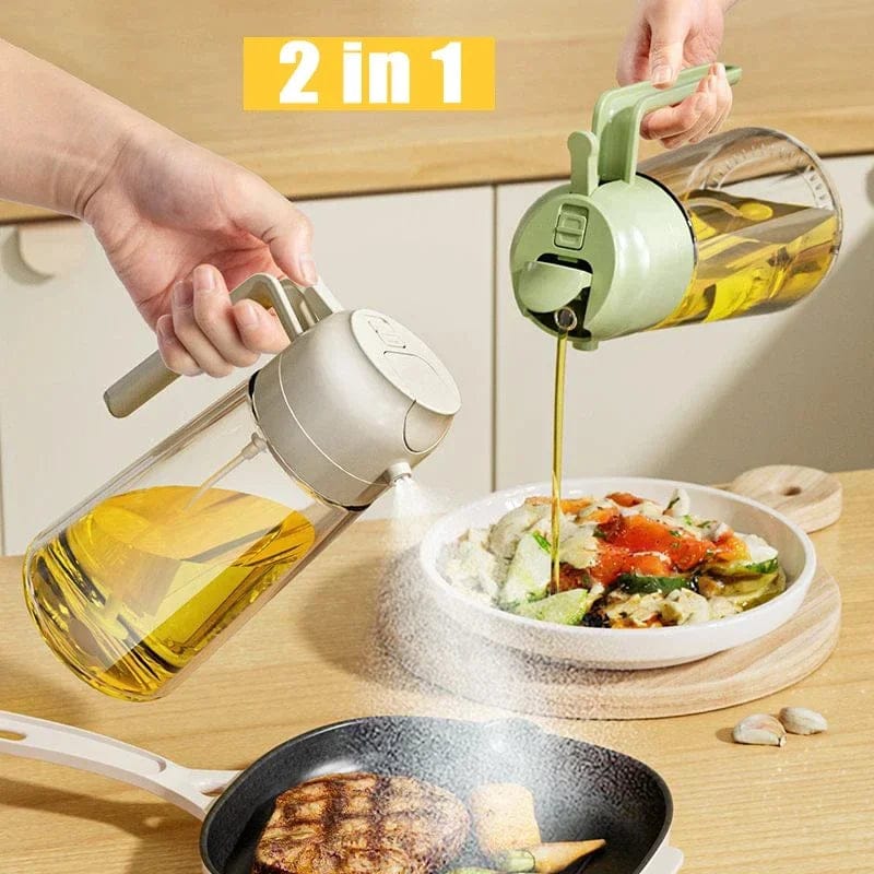 Olive oil sprayer 2 in 1: fine mist spray on a pan and controlled pour over salad
