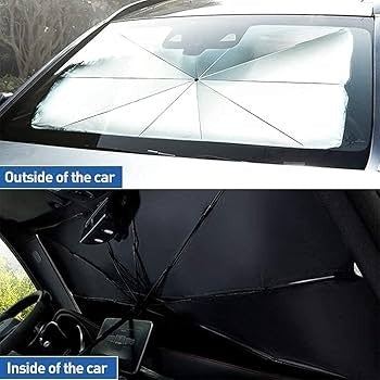 Car umbrella sun shade blocking sunlight on a front windshield