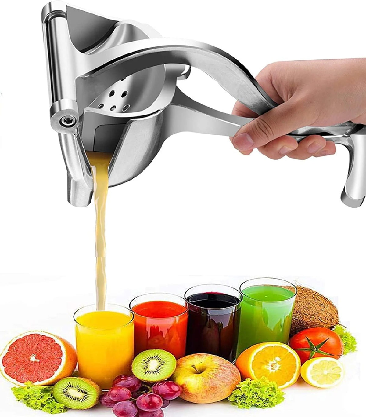 Manual citrus juicer press in hand, silver two-handle lever design, juice pouring from the spout