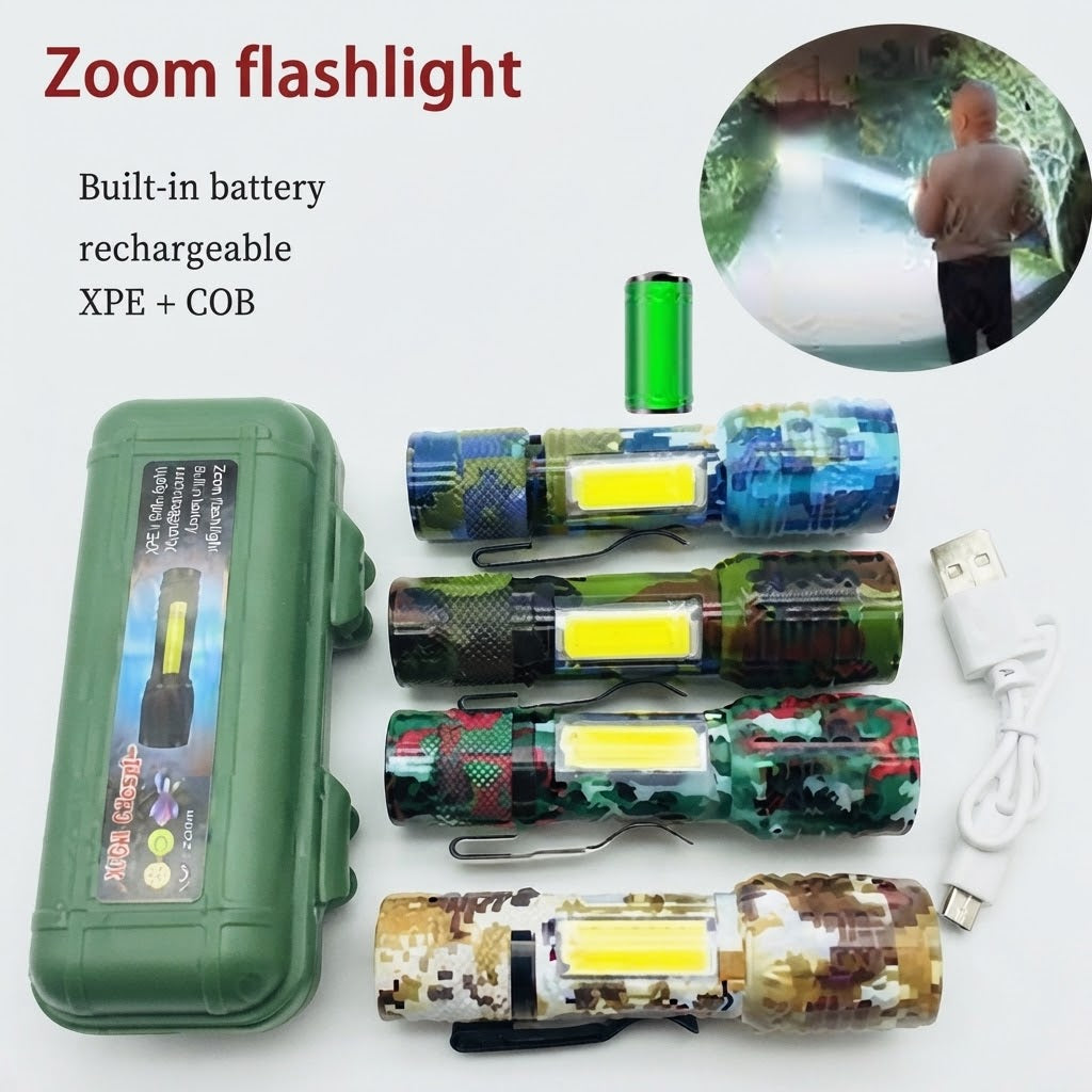Zoom flashlight range with green case, four camo torch bodies and USB cable