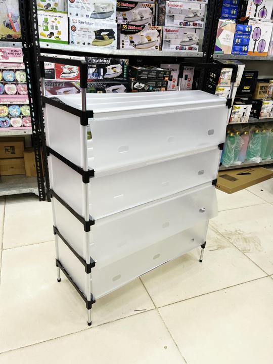 Tall multi-tier shoe cabinet with transparent dustproof cover closed