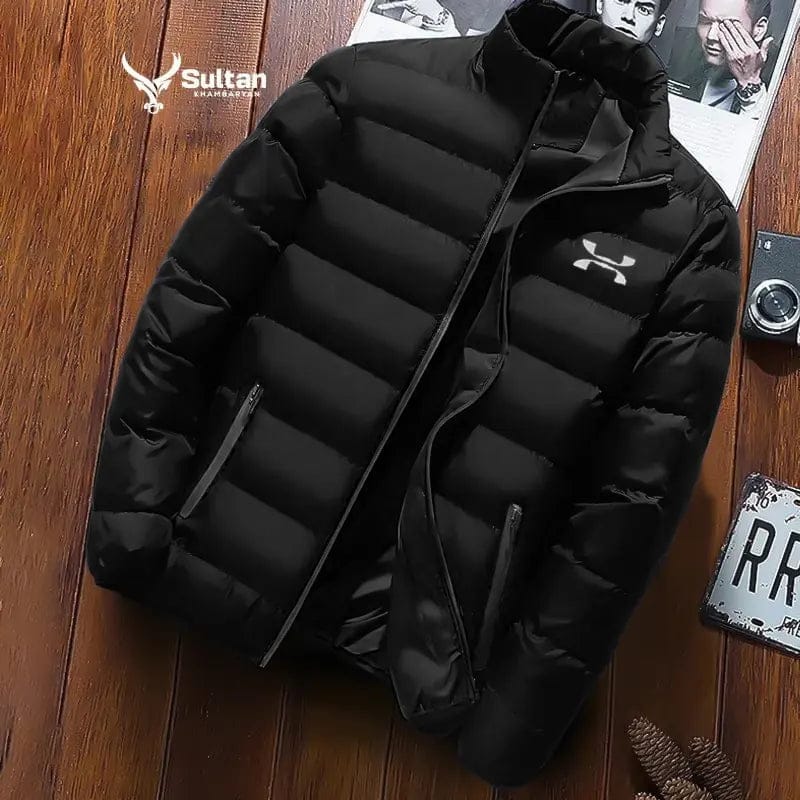 Men's quilted puffer jacket in black — full-sleeve, stand collar