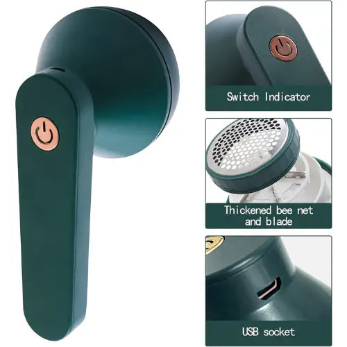 Rechargeable electric lint remover - dark green fabric shaver with feature callouts