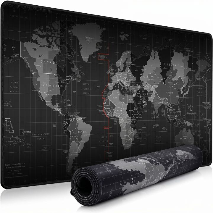 XXL gaming mousepad in black world-map print, extra-large 900x400mm desk mat with stitched edges, shown flat and rolled