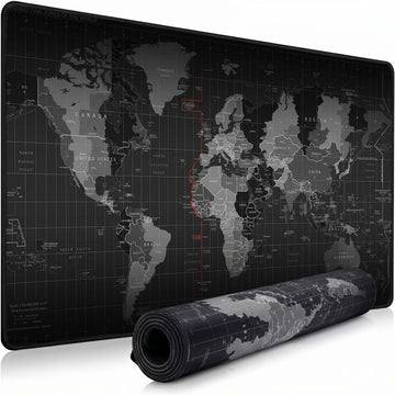 XXL gaming mousepad in black world-map print, extra-large 900x400mm desk mat with stitched edges, shown flat and rolled