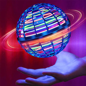 Flying ball toy with glowing RGB LED lights hovering above hand