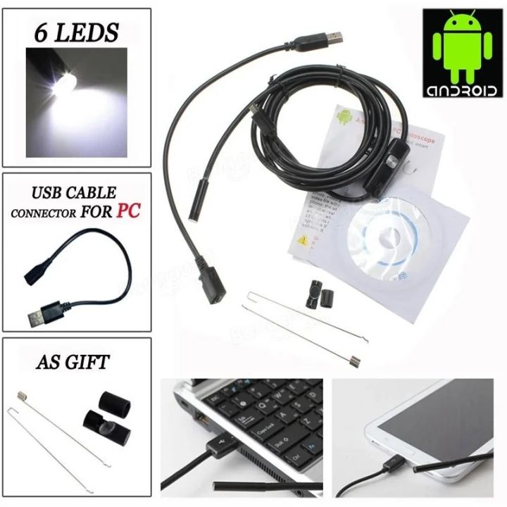 Endoscope camera with 6 LEDs, USB cable for PC connection, hook and magnet attachments included