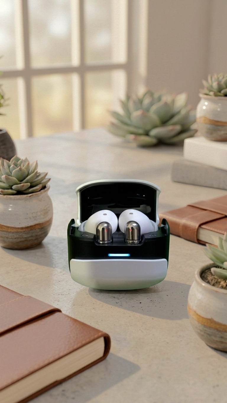U39 wireless earbuds in open charging case with blue LED indicator