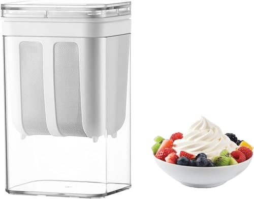 Greek yogurt strainer container with fruit topped yogurt bowl