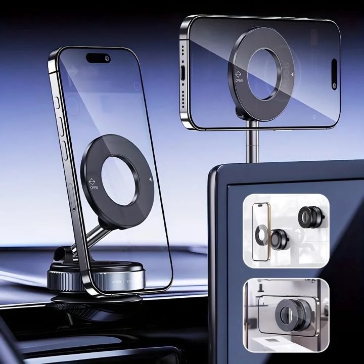 K007 magnetic ring phone holder securing smartphone on dashboard mount