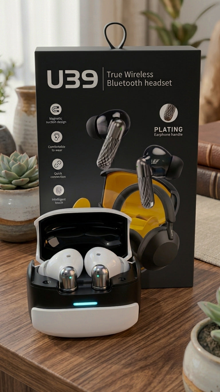 U39 earbuds in open gaming charging case in front of U39 retail box