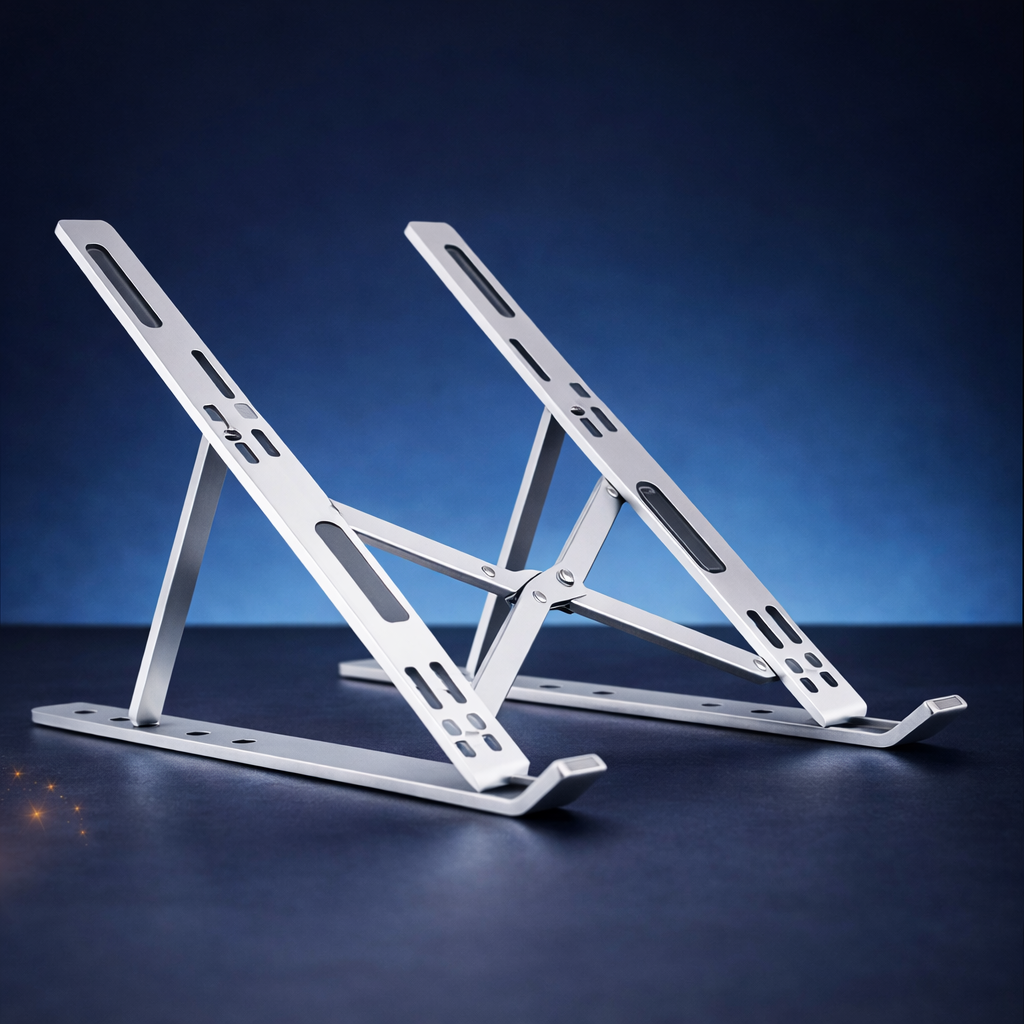 Foldable laptop stand holding a laptop, ergonomic raised viewing angle