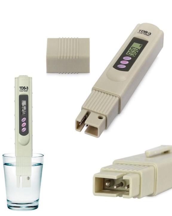 Close-up of the TDS-3 pen showing LCD display and probe end for water testing