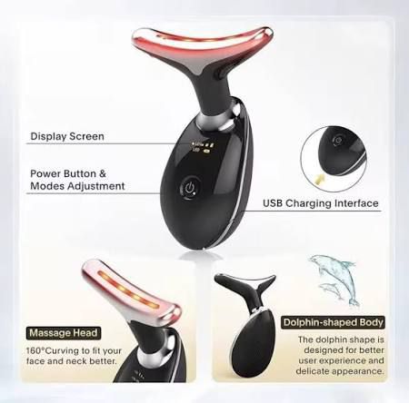 Dolphin-shaped face massager: display screen, power button and 160-degree curved massage head