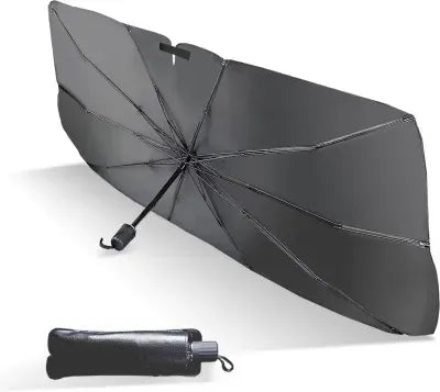 Foldable windshield sun shade, compact umbrella design