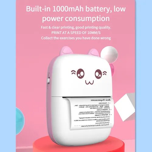 Cat-design mini thermal printer printing labels and receipts