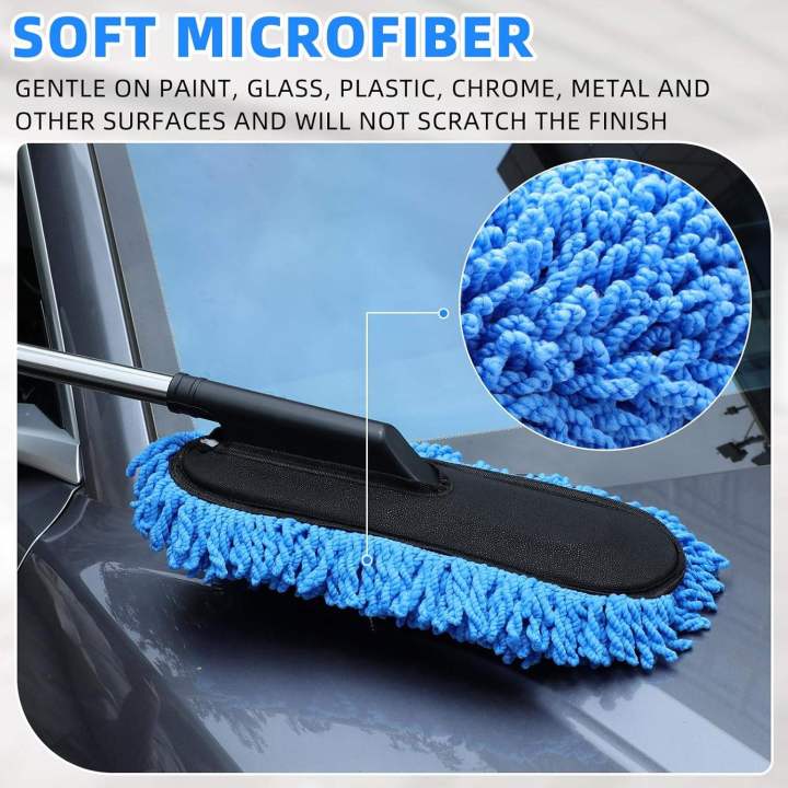 Blue microfiber car duster head close-up on a car — gentle on paint, glass, plastic, chrome and metal