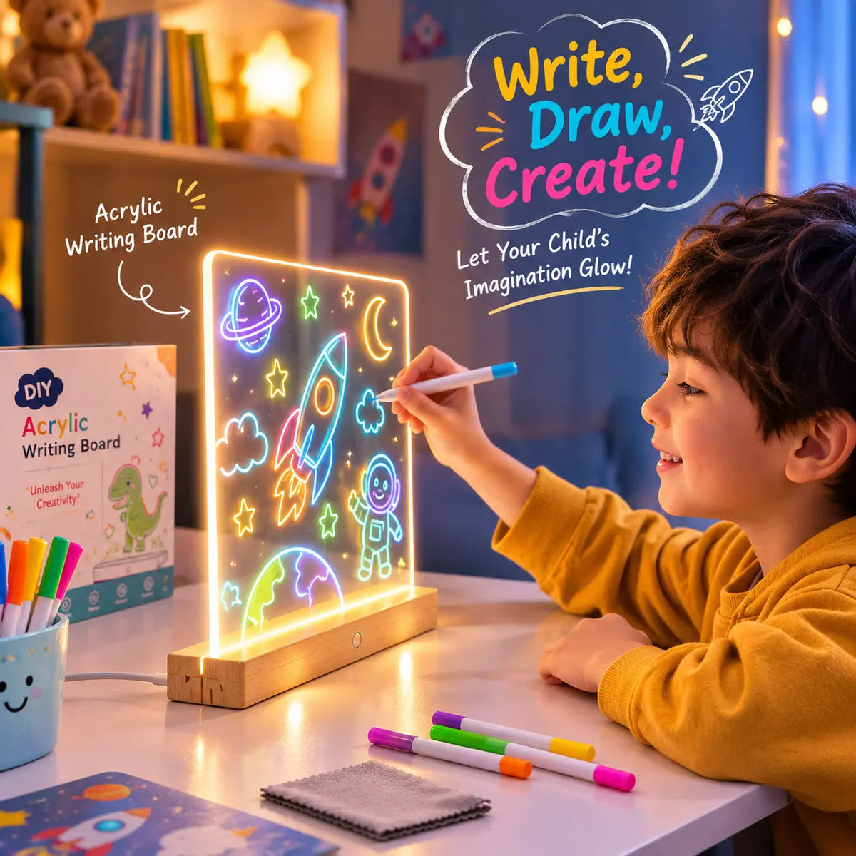 Glow drawing board, clear acrylic panel on LED glow base