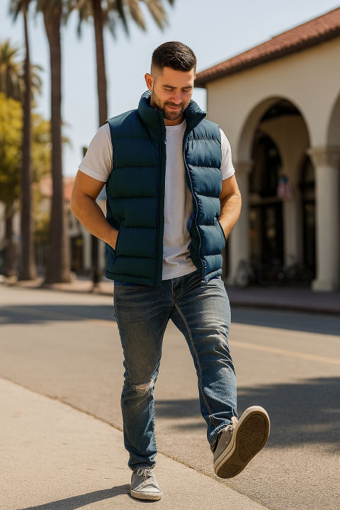 Sleeveless puffer vest full view — navy quilted gilet worn casually outdoors