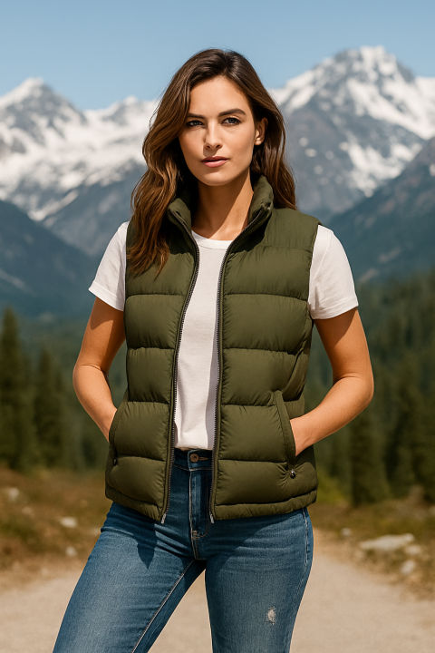 Women's quilted puffer vest — olive sleeveless winter gilet with zip pockets