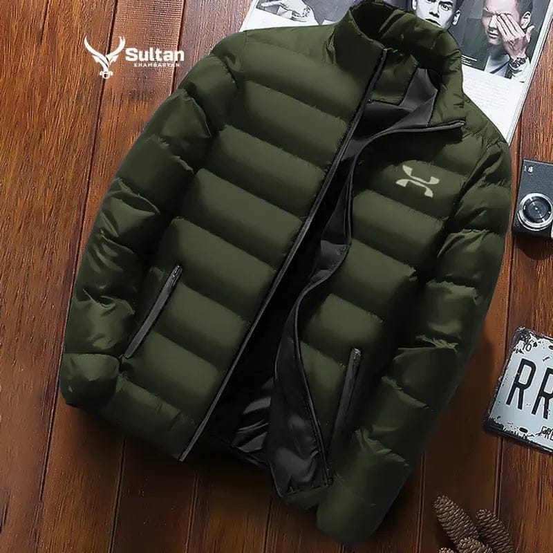 Men's quilted puffer jacket in olive green — full-sleeve, stand collar