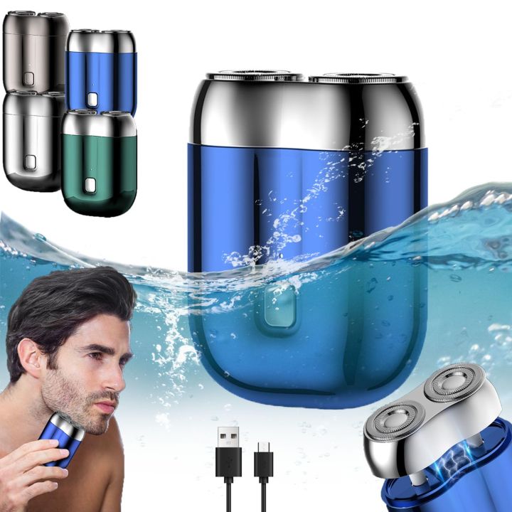 Mini dual-head rotary pocket shaver in blue with metallic silver magnetic cap, dual shaving heads, USB cable and waterproof design