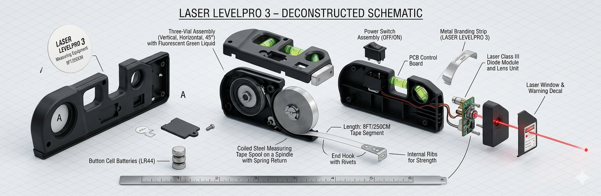 Laser Level Pro 3 with retractable 8ft measuring tape extended