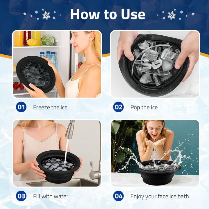 How to use the foldable ice face bowl - freeze the ice, pop the ice, fill with water, enjoy your face ice bath