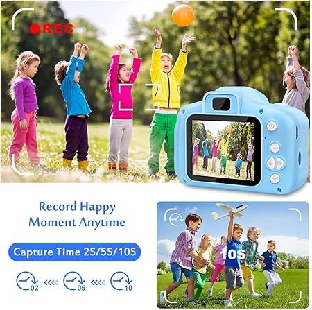 Kids digital camera held in hand, mini toy camera front view