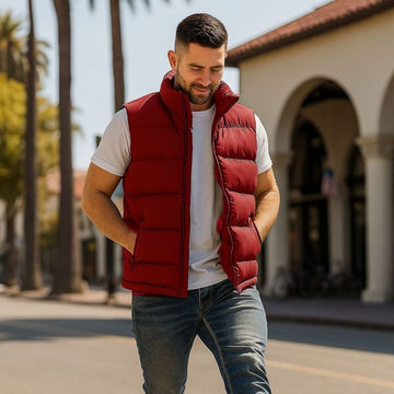 Sleeveless puffer vest for men — maroon quilted winter gilet with stand-up collar