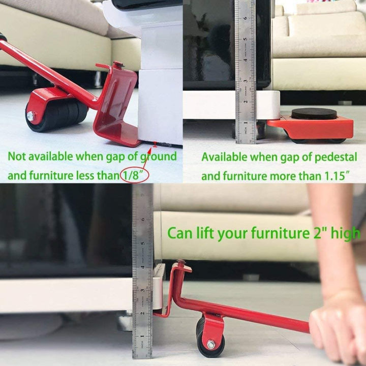 Furniture lifter bar with wheeled lifting head — red bar with black rubber grip handle, close-up