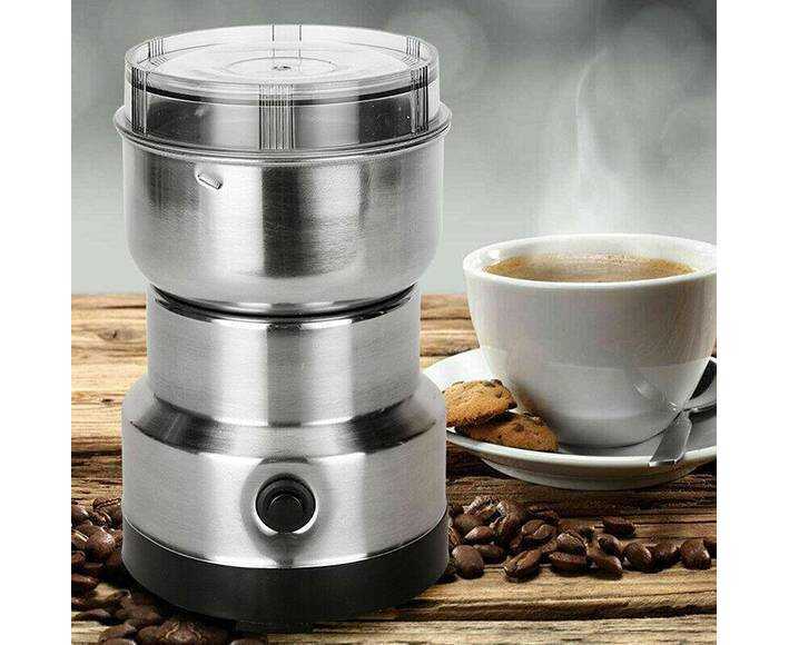 RAF Mini Electric Grinder with coffee beans and ground coffee powder
