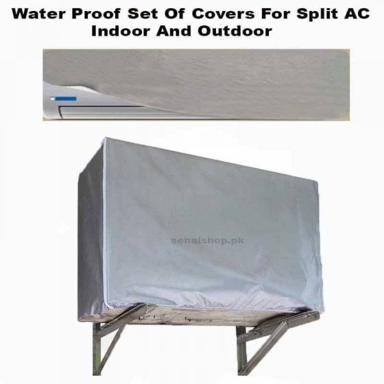 Silver waterproof AC dust cover set on a split AC — indoor wall-unit cover and outdoor compressor unit cover