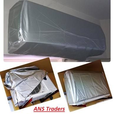Collage of the silver AC dust cover set shown on indoor and outdoor AC units
