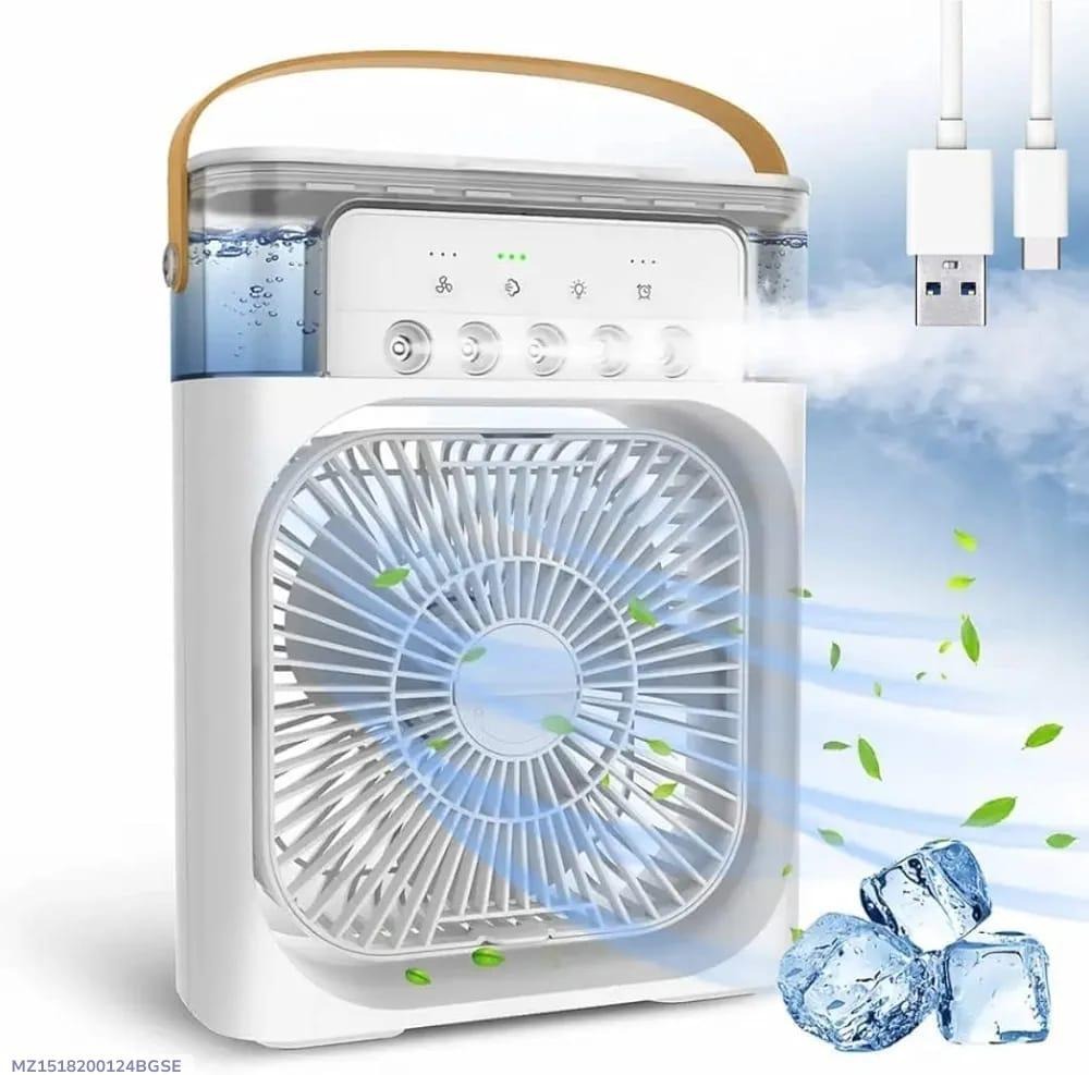 Mini air cooler fan with ice cubes, USB cable and cool mist blowing from the fan