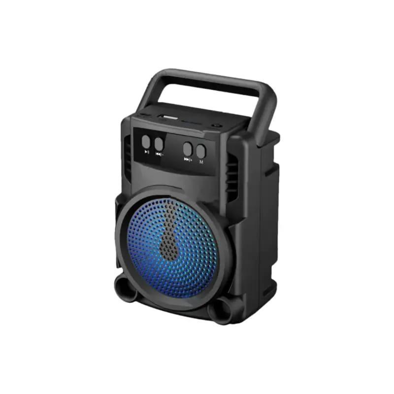 Black mini Bluetooth speaker, side angle, blue RGB-lit round front driver and top handle