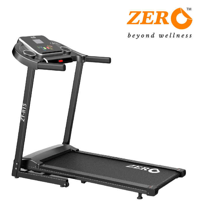 ZTR-15 folding treadmill by ZERO — full side view, black motorized treadmill with curved console handlebars