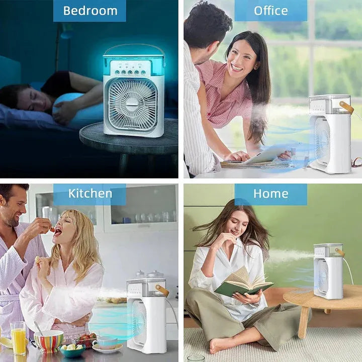 Mini air cooler fan in bedroom, office, kitchen and home use scenes