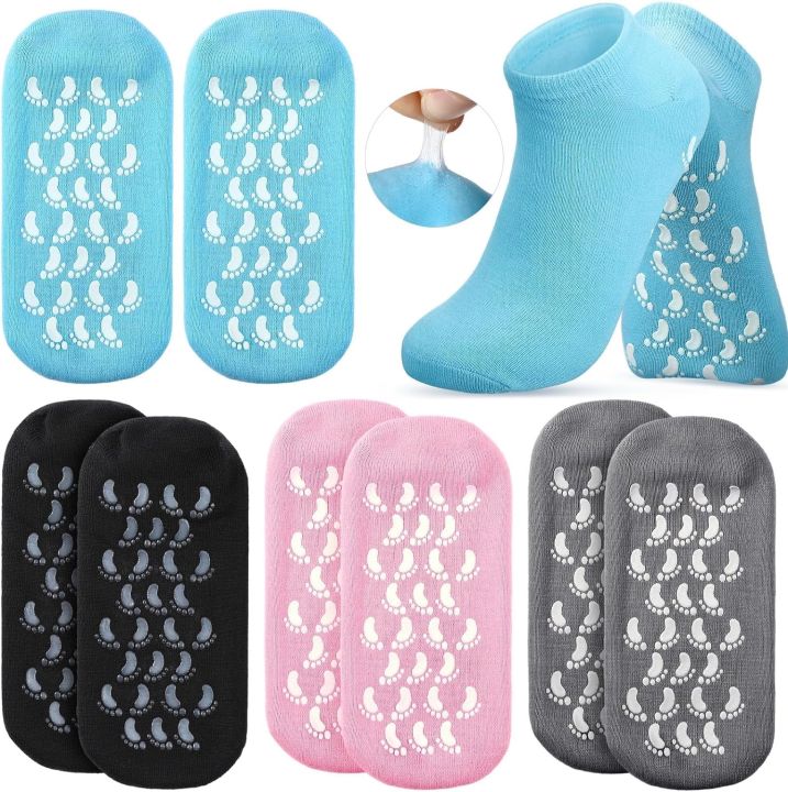 Silicone gel spa socks in blue, black, pink and grey — stretchy elastic fabric with moisturizing gel-dot lining