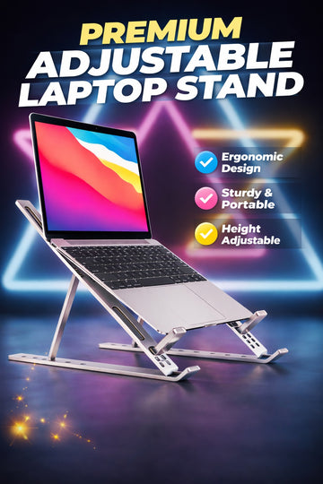 Foldable aluminum laptop stand, silver open-frame design with anti-slip grips