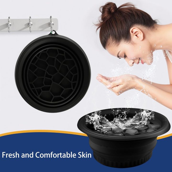 Silicone ice face bowl with honeycomb ice-tray lid beside a woman splashing her face with ice water