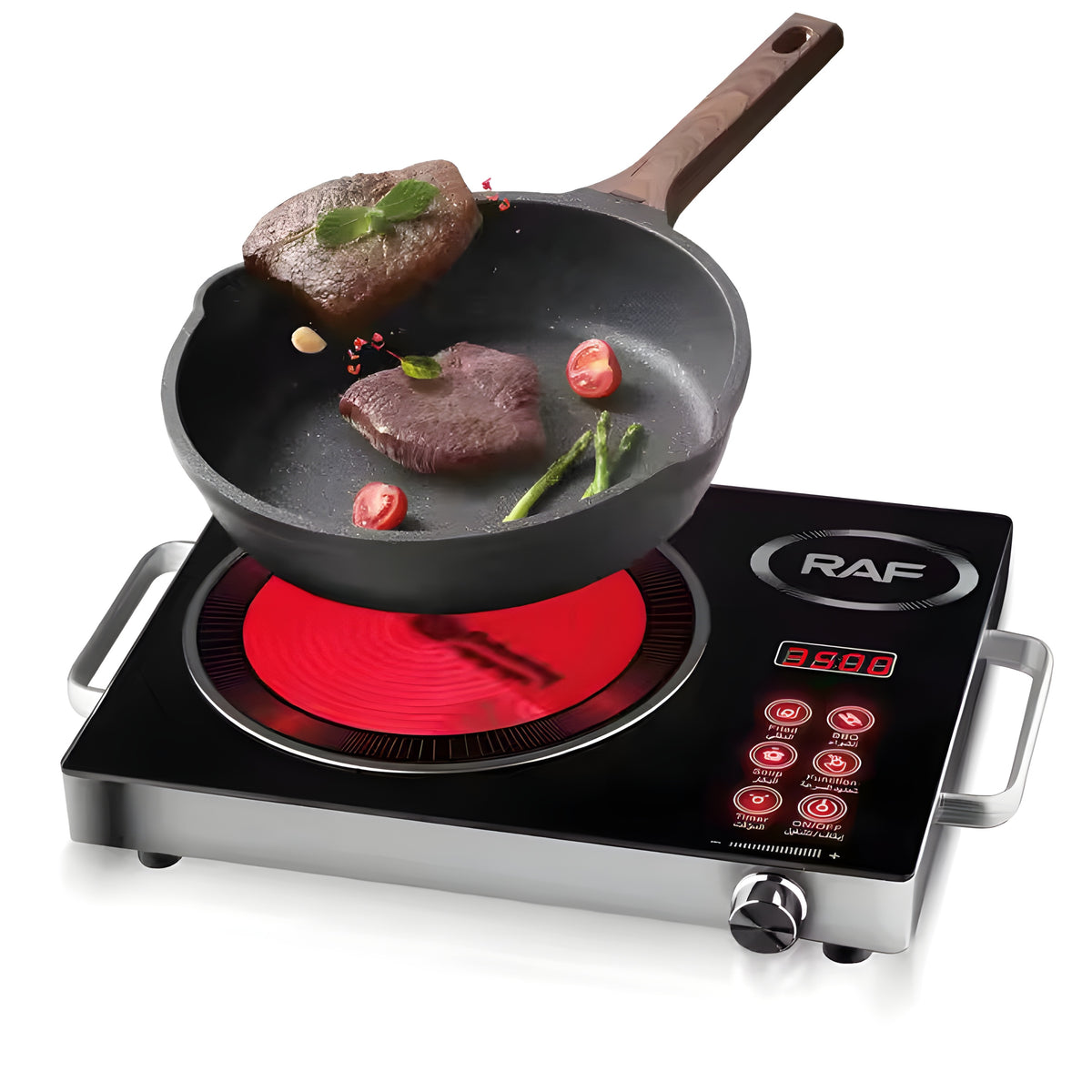 RAF infrared cooker in use with glowing red burner and a frying pan with steak — LED display shows 3500