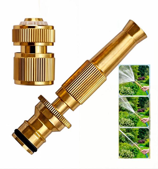 Solid brass garden hose nozzle main view — slim straight twist-adjust sprayer with ribbed grip and tapered head